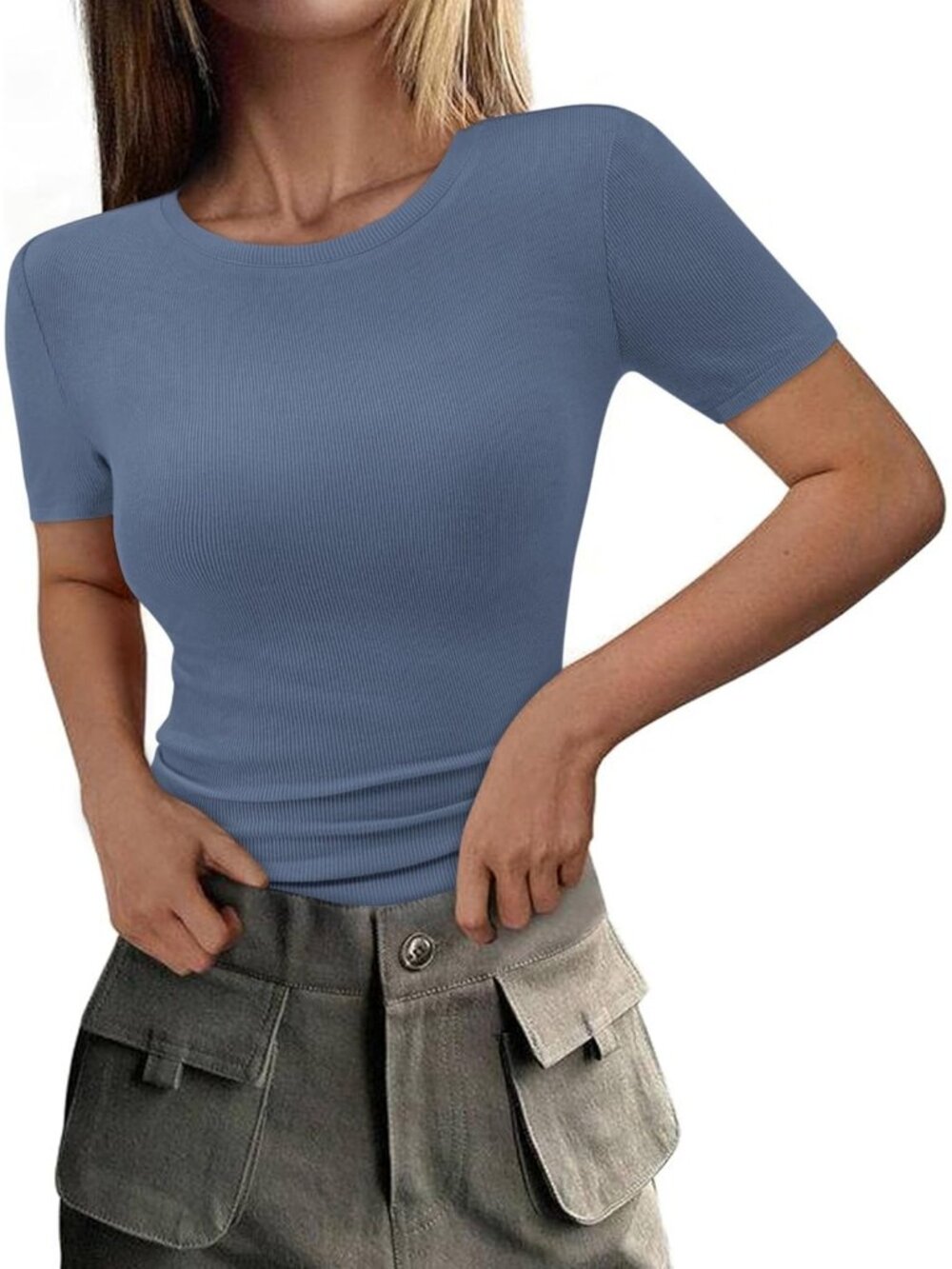Women's Grey Blue Crew Neck Short Sleeve Shirts Ribbed Knit Slim Fit Casual Tops